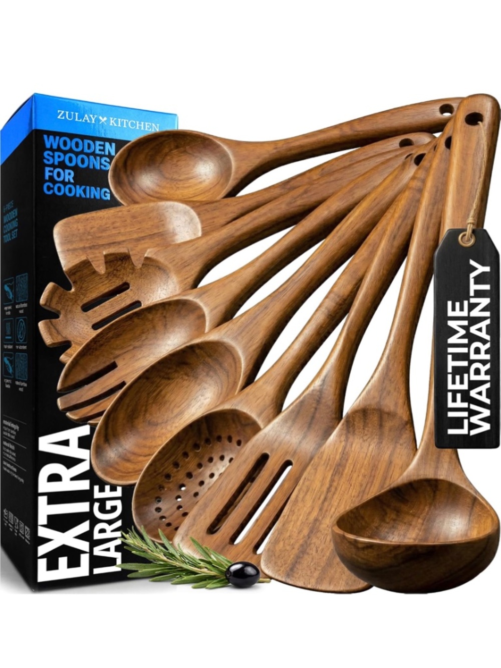 Zulay Kitchen 9pc Premium Teak Wood Cooking Utensils Set - Extra Large